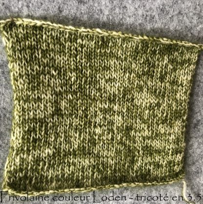 echantillon de Frivolaine tricoté avec la couleur Loden et les aiguilles 3.5